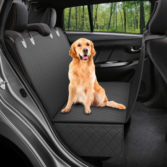 Dog back seat hammock cover installed across a car's back seat