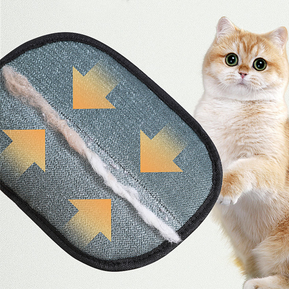 Strip of pet hair gathered on the grey brushed-fabric side of the mitt