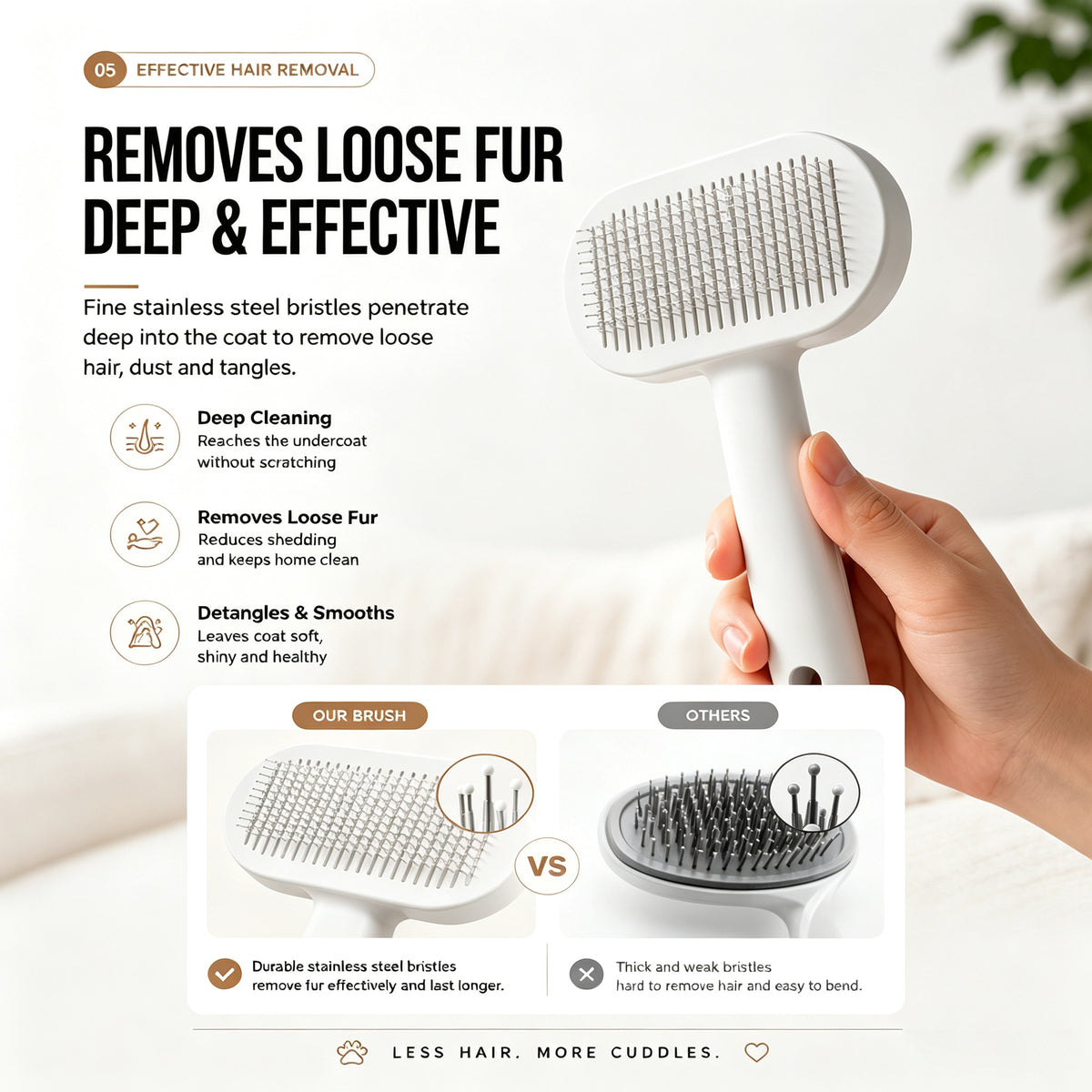 One-click self-cleaning button on white pet grooming brush