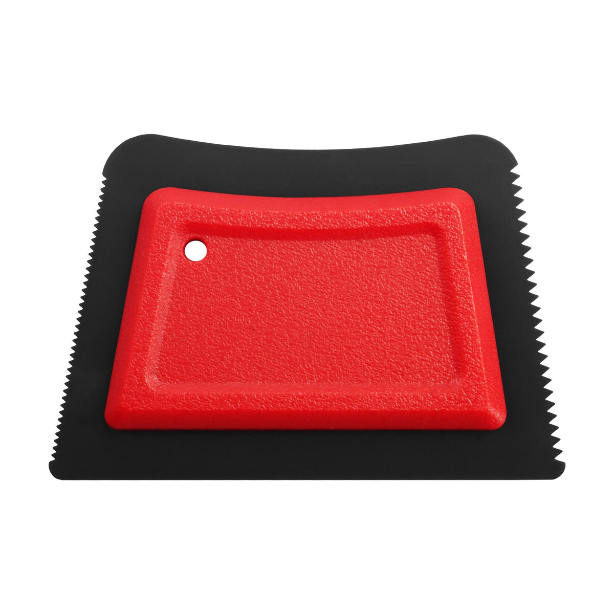 Serrated edge of the black pet hair remover pad with red grip