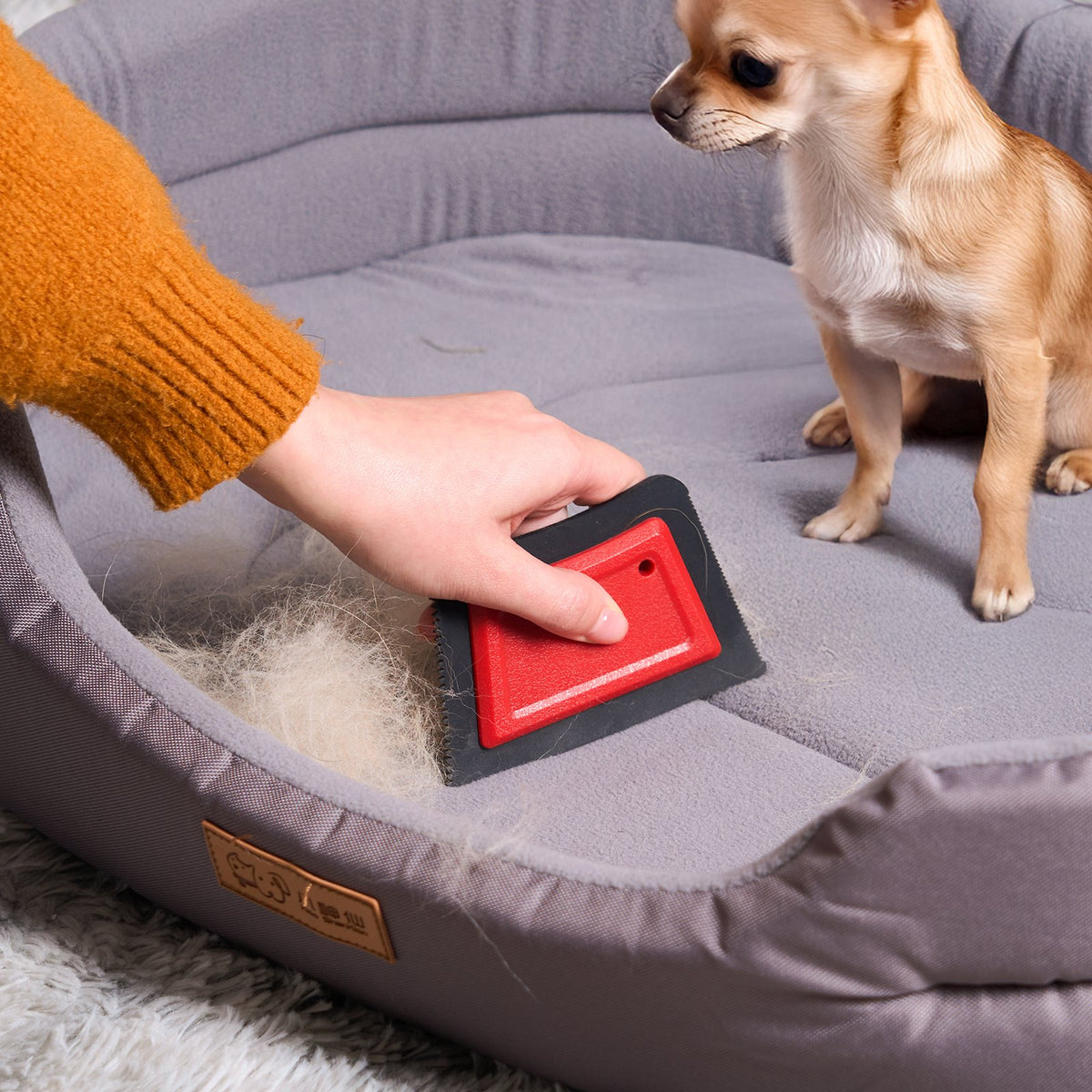 Hand dragging the pet hair remover pad across a pet bed, raking fur into a pile